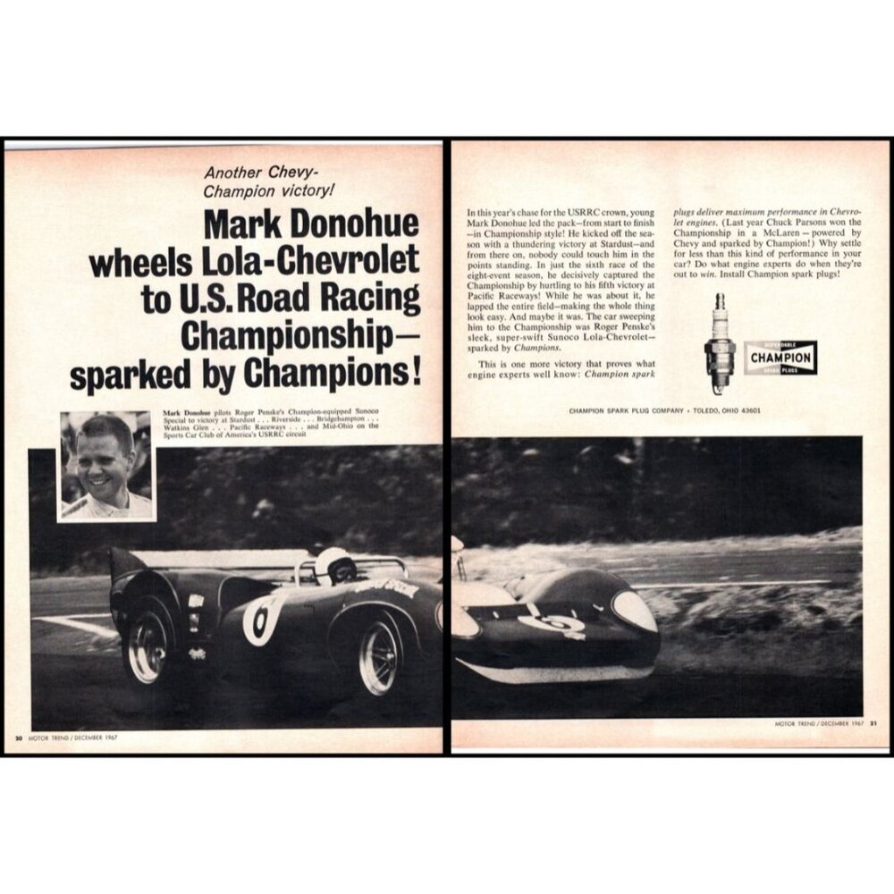 1967 Champion Spark Plugs 2 Page Vintage Print Ad Mark Donahue Penske Wall Art